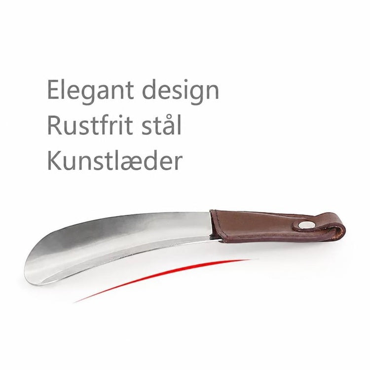 Skohorn i rustfrit stål med brunt kunstlæderhåndtag