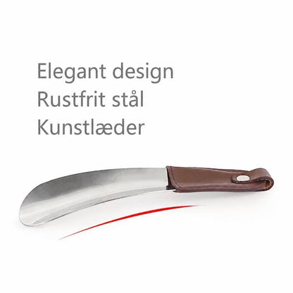 Skohorn i rustfrit stål med brunt kunstlæderhåndtag