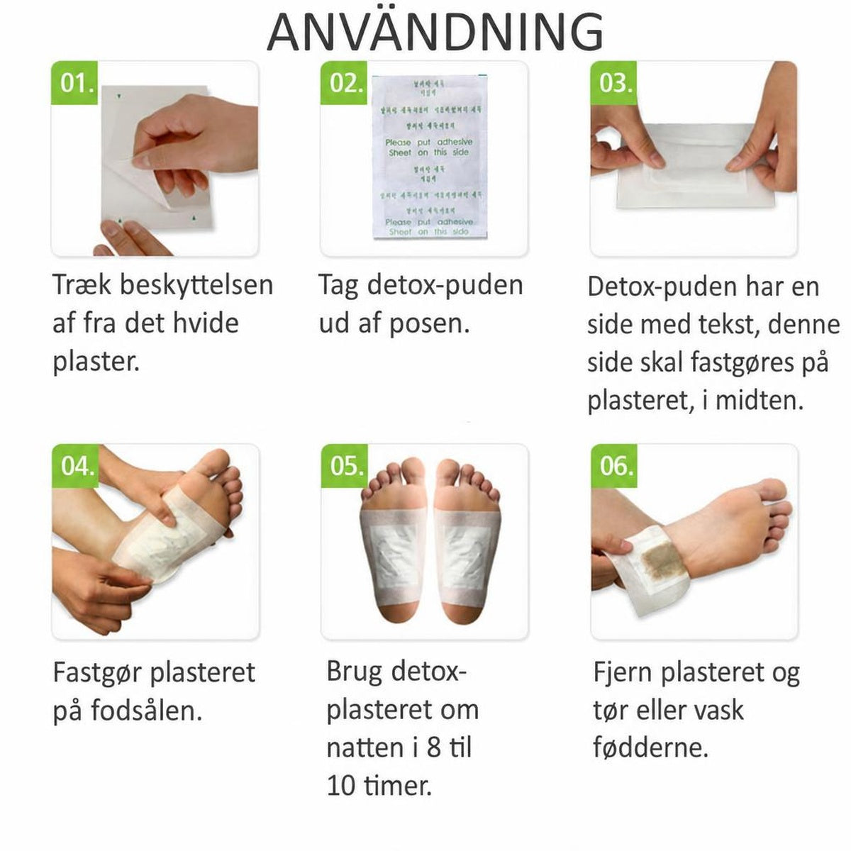 Brugsvejledning med seks trin til påsætning af detox-fodplastre på fodsåler