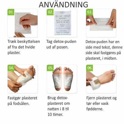 Brugsvejledning med seks trin til påsætning af detox-fodplastre på fodsåler