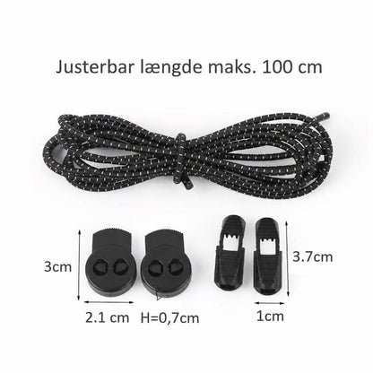 Sorte elastiske skosnørebånd med refleksstriber, låse og mål på hvid baggrund
