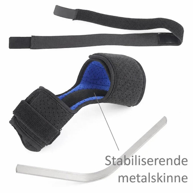 Sort droppfod støtteskinne med blå polstring, remme og stabiliserende metalskinne