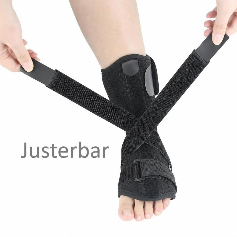 Justerbar sort droppfod støtteskinne med krydsende stropper på foden