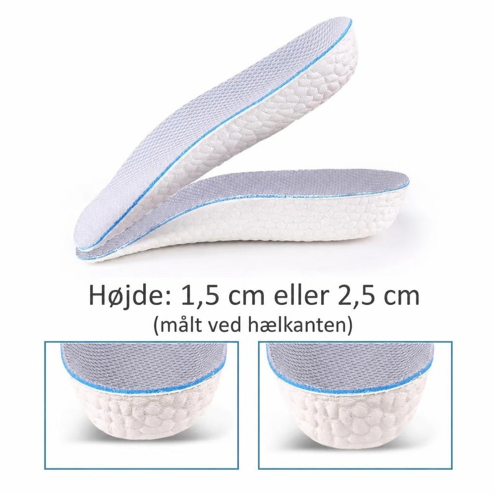 Hvide hælindlæg med blå kant i to højder, 1,5 og 2,5 cm