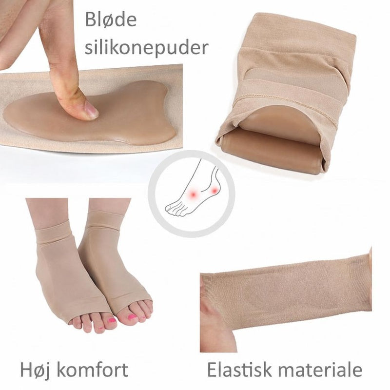 Beige, tååbne strømper med gelpuder ved hæl og vrist