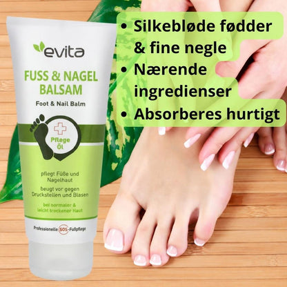 Tube med Evita fod- og neglebalsam ved fødder og hænder