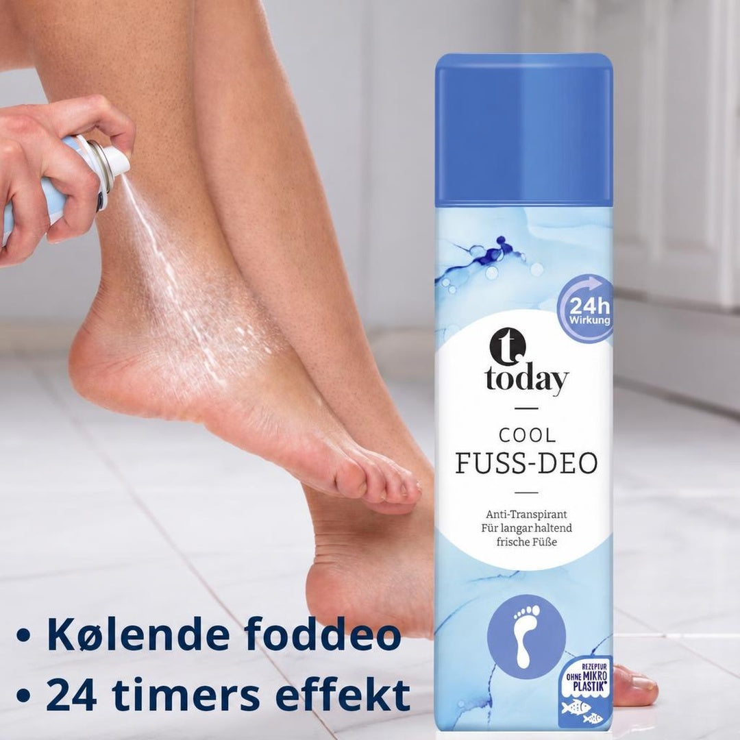 Today Cool Fuss-Deo spraydåse ved fødder, der bliver sprayet