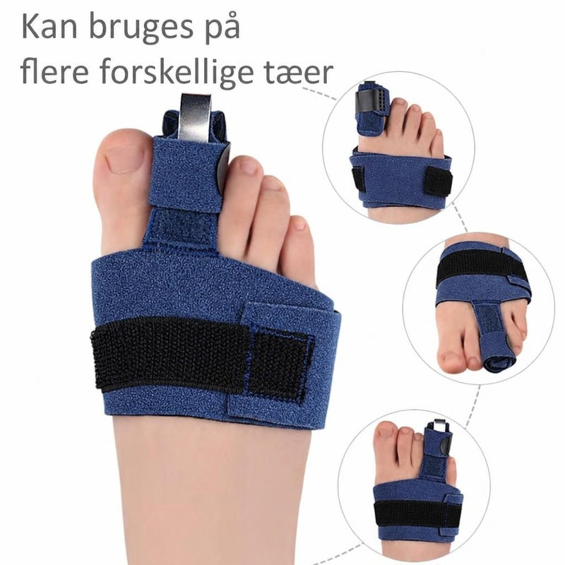 Blå tåstøtte med skinne og velcrobånd vist på flere tæer