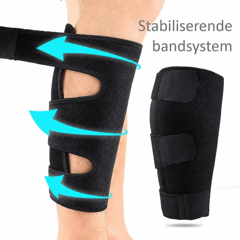 Sort justerbar lægbandage med tre velcrobånd på underben
