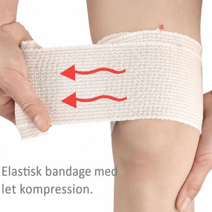 Elastisk støttebind vikles om benet med røde pile for kompression