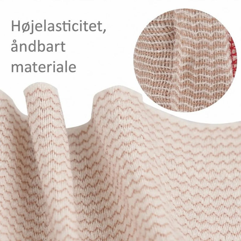 Elastisk støttebind i lyst, åndbart materiale med vævet zigzagmønster