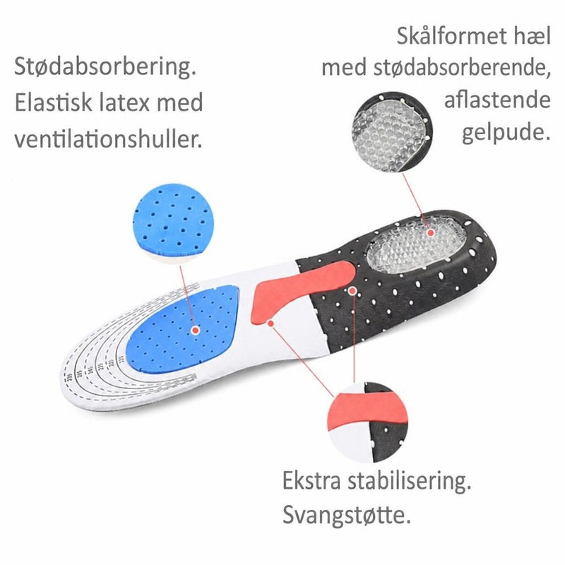 Sportssål med gelpude i hælen, svangstøtte og ventilationshuller