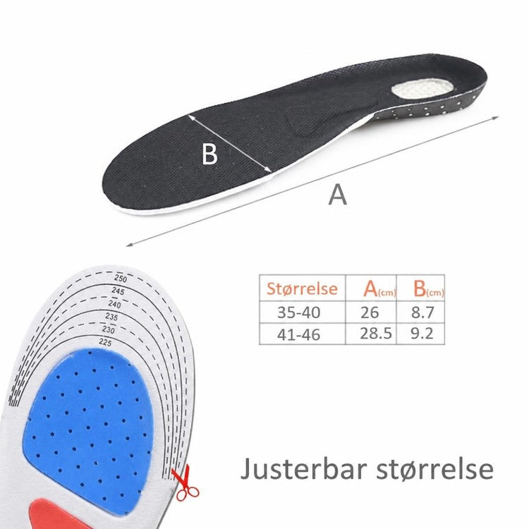 Justerbare sportssåler med gelhæl, klippelinjer og størrelsesmål