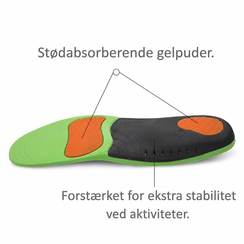 Grøn og sort sportssål med orange gelpuder og markeret stabilitetsområde