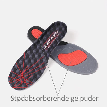 Sportssåler med røde stødabsorberende gelpuder og sort geometrisk mønster