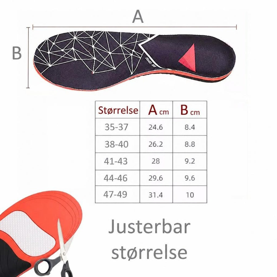 Sportsindlægssåler med størrelsestabel, målelinjer og klippemarkering til tilpasning