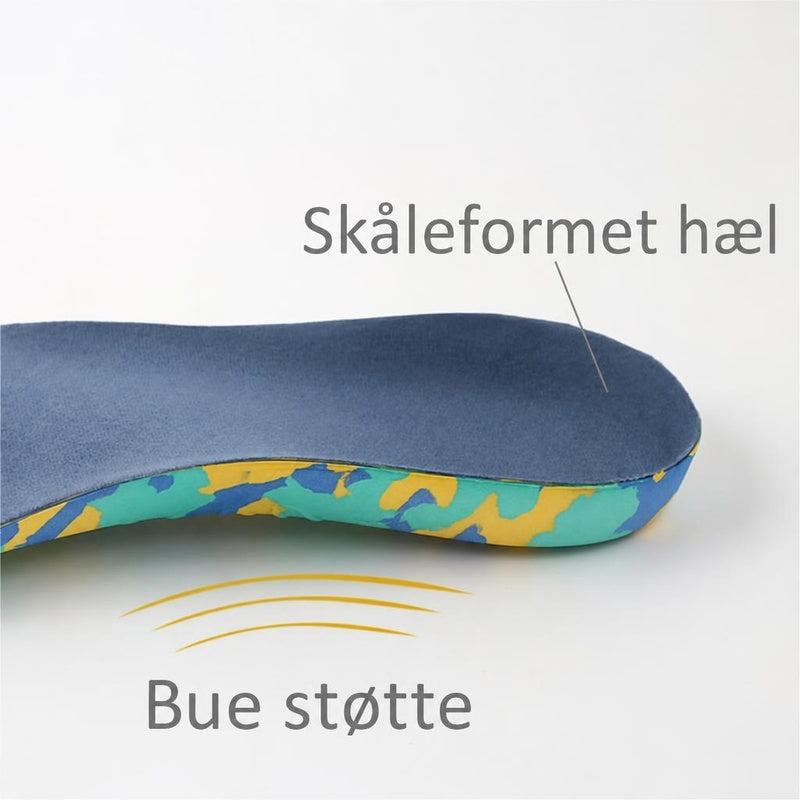 Blå børneindlægssål med svangstøtte, skålformet hæl og farvet side