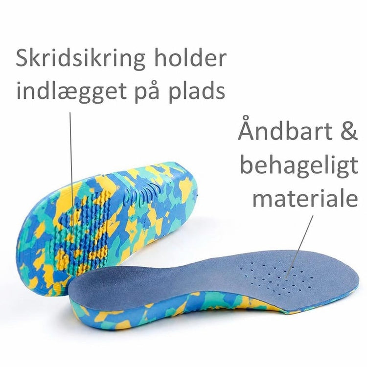 Blå og gule børneindlægssåler med svangstøtte, perforeringer og skridsikker underside