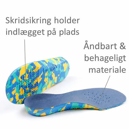 Blå og gule børneindlægssåler med svangstøtte, perforeringer og skridsikker underside