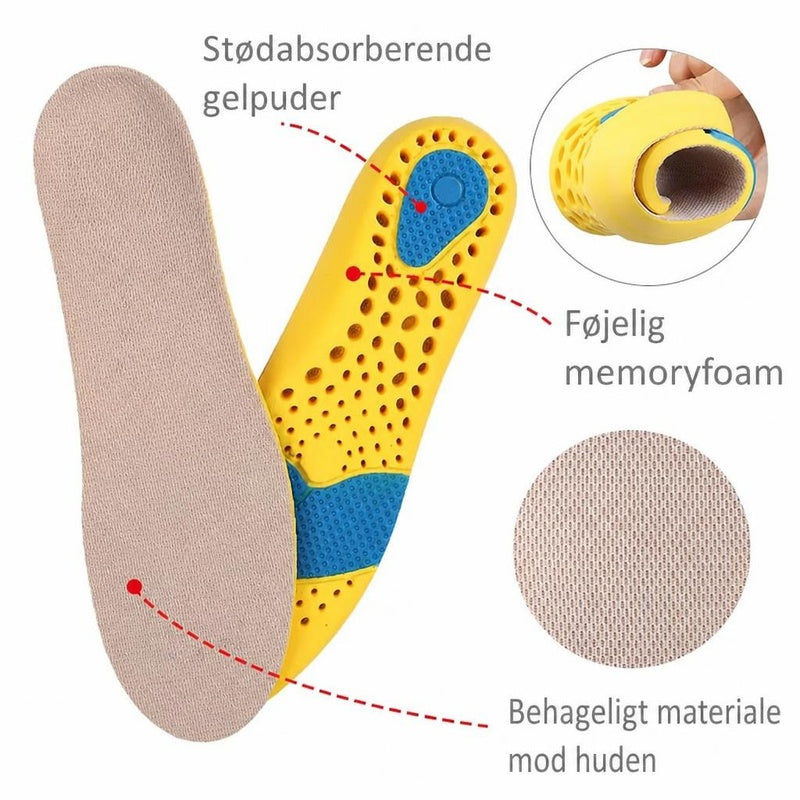 Gule skoinlæg med blå gelpuder og beige tekstiloverflade