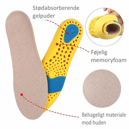 Gule skoinlæg med blå gelpuder og beige tekstiloverflade