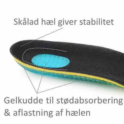 Sort skoinlæg med blå gelpude under hælen og markerede lag