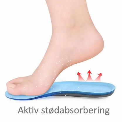 Fod på blå gel-skosål med røde pile for støddæmpning
