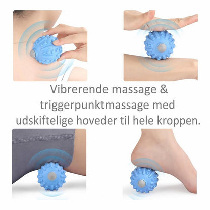 Blå vibrerende massagebold brugt på nakke, fod, ben og hofte