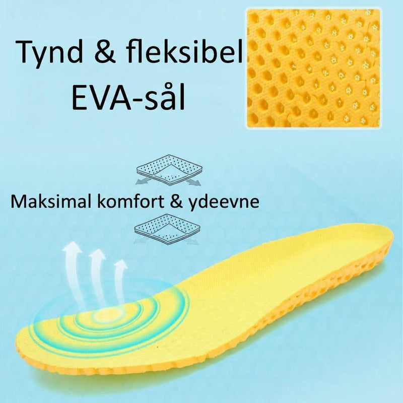 Gul fleksibel EVA-sål med mønstret underside på blå baggrund