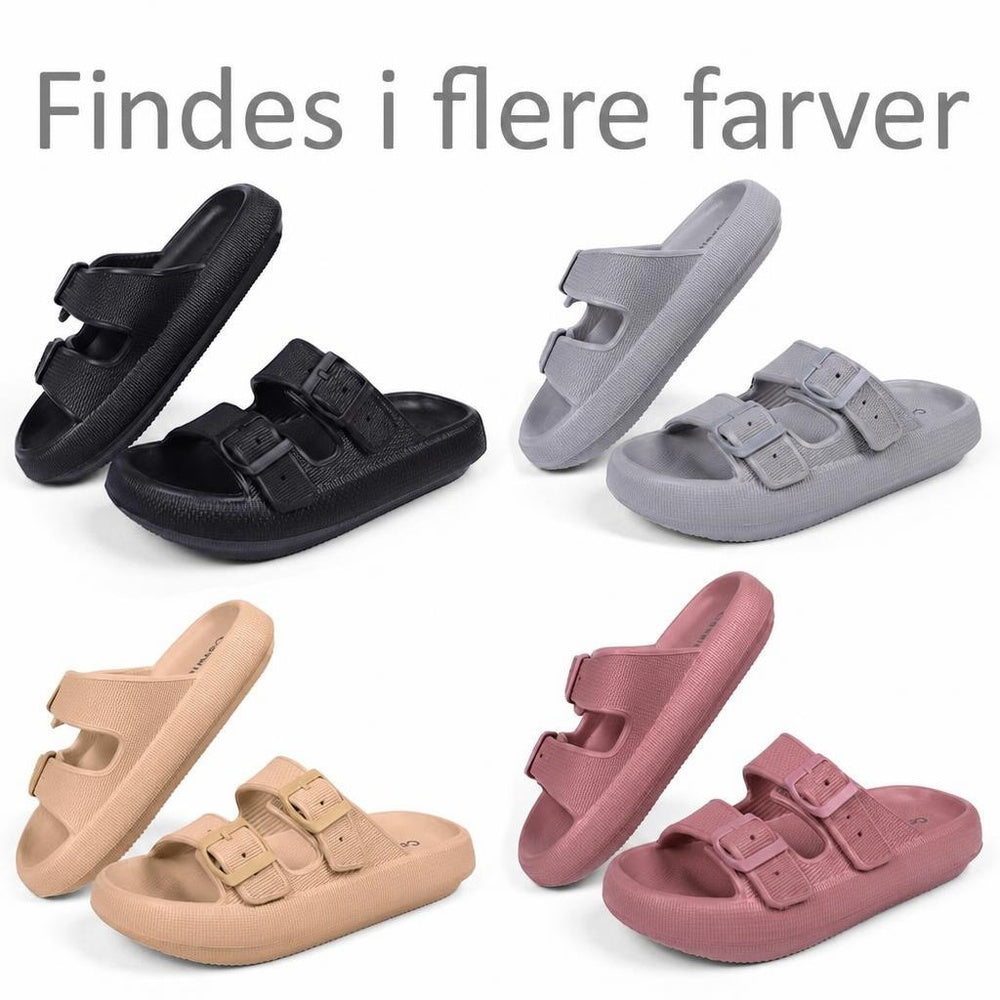 Justerbare cloud-tøfler i sort, grå, beige og rosa med spænder