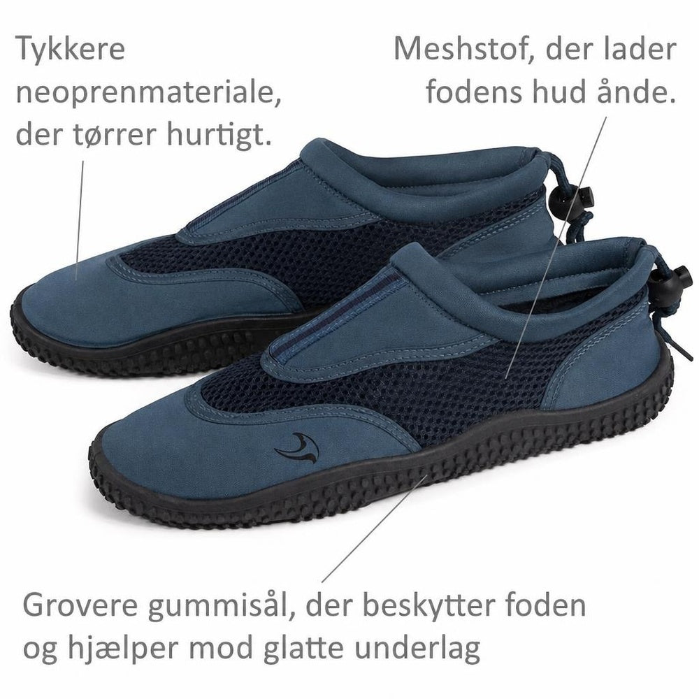 Blå Rhodos badesko med meshpaneler, neopren og sort gummisål
