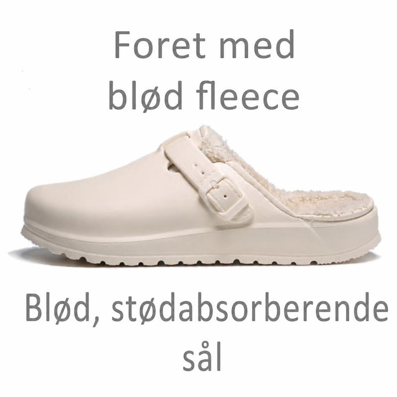 Naturhvid foret clog-tøffel med justerbar rem og fleecefor