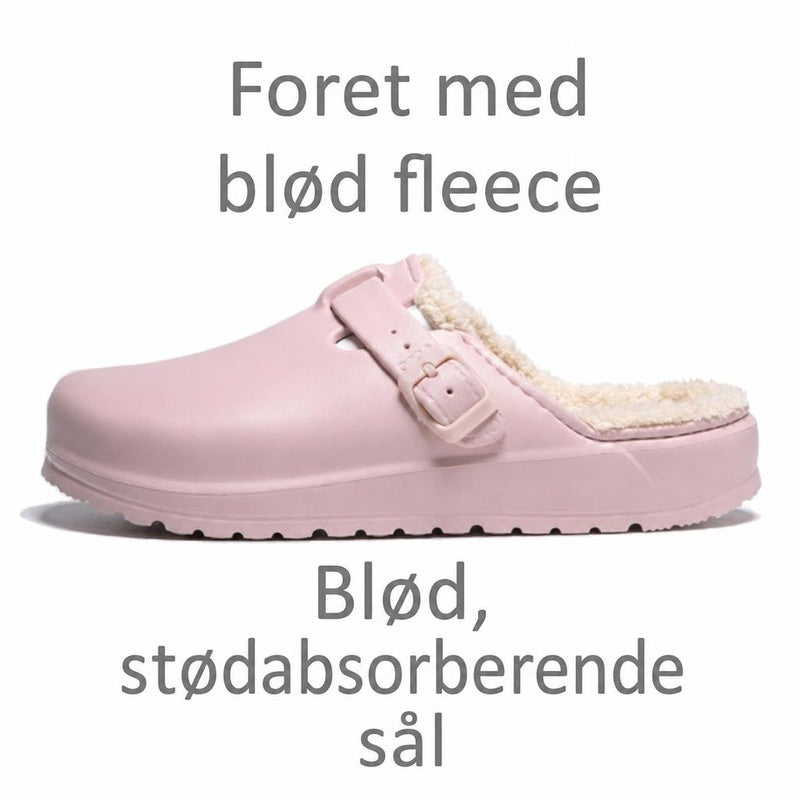 Lyserød foret tøffel med justerbar rem og blød fleecekant