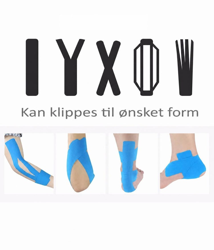 Kinesiologitape klippet i forskellige former og vist på fod og ankel