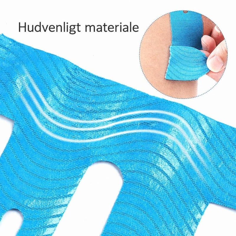 Blå færdigskåret kinesiologitape med nærbillede af materialets struktur
