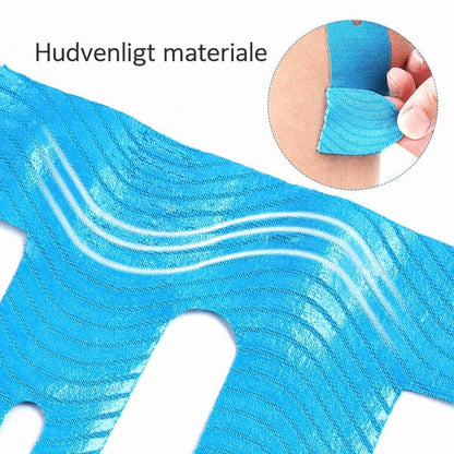 Blå færdigskåret kinesiologitape med nærbillede af materialets struktur