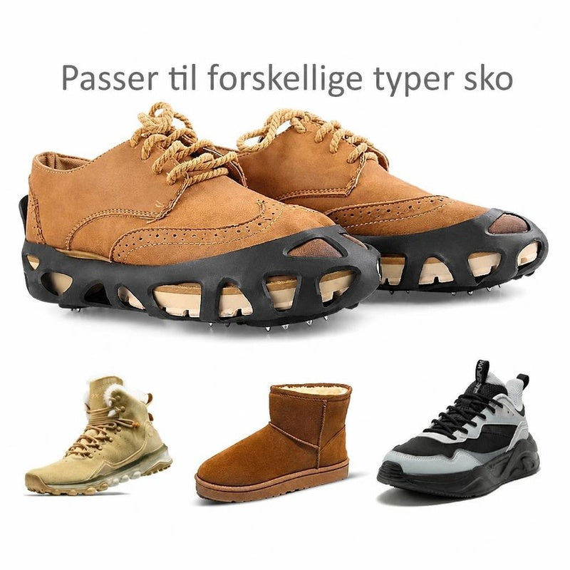Sorte brodder monteret på brune sko, med eksempler på forskellige skotyper