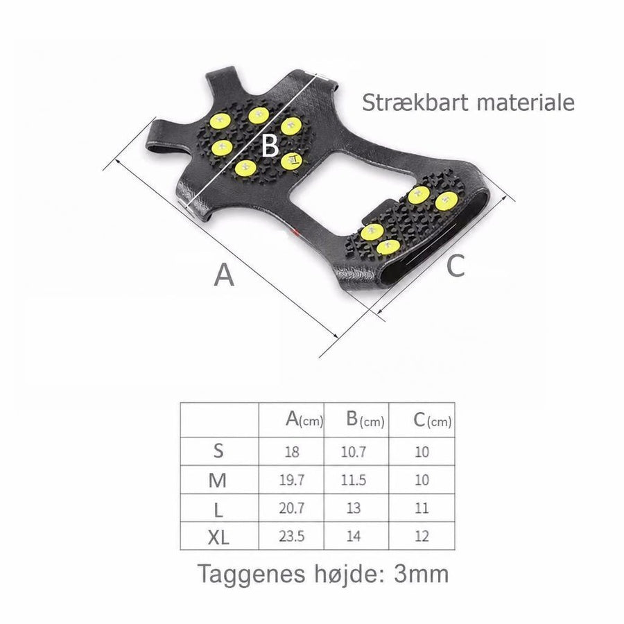 Sort elastisk skridsikring med ti gule pigge og størrelsesskema