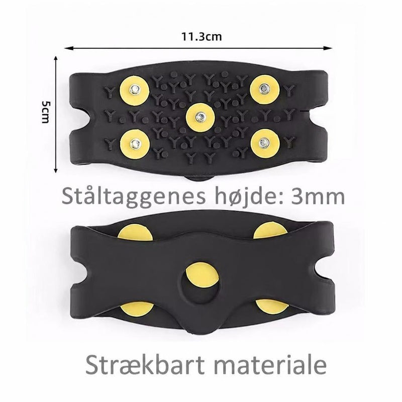 Sorte brodder med fem gule ståltakker, vist med mål