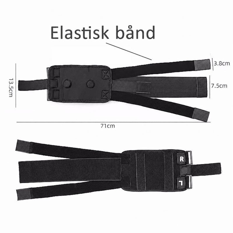 Sort elastisk knæstøtte med justerbare stropper og målmarkeringer