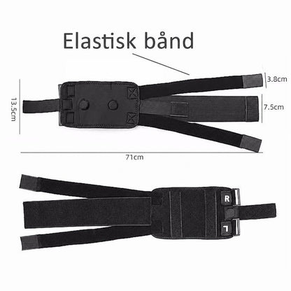 Sort elastisk knæstøtte med justerbare stropper og målmarkeringer