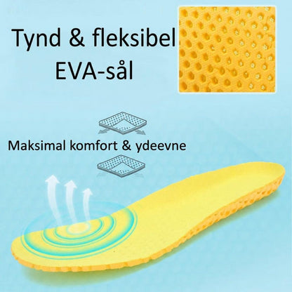 Gul, tynd EVA-sål med struktureret underside og blå infografik