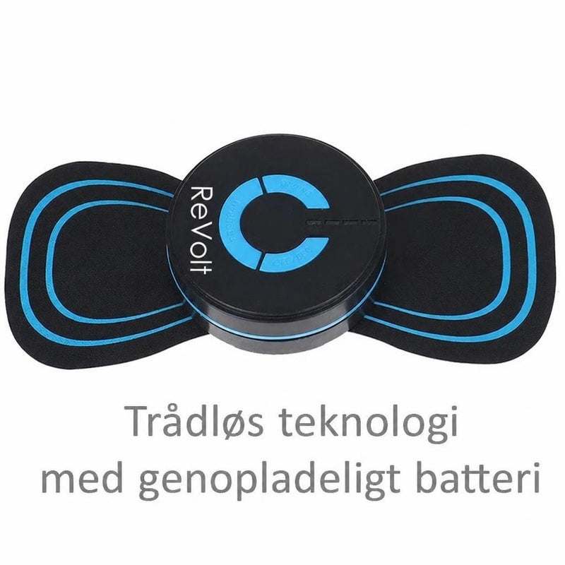 Revolt TENS EMS fodmassageapparat med sorte elektrodepuder og blå detaljer