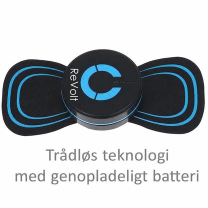 Revolt TENS EMS fodmassageapparat med sorte elektrodepuder og blå detaljer