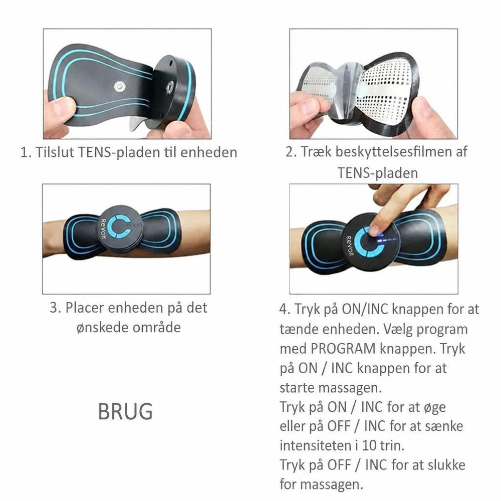 Revolt TENS massageapparat vist i fire trin med elektrodeplade på arm