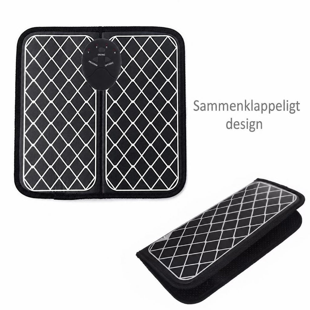 Sort EMS-fodmassageplade med hvidt rudemønster og foldbart design
