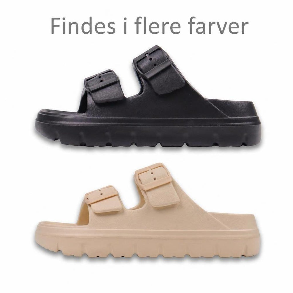 Cushy slip-in sandaler i sort og beige med to spænder