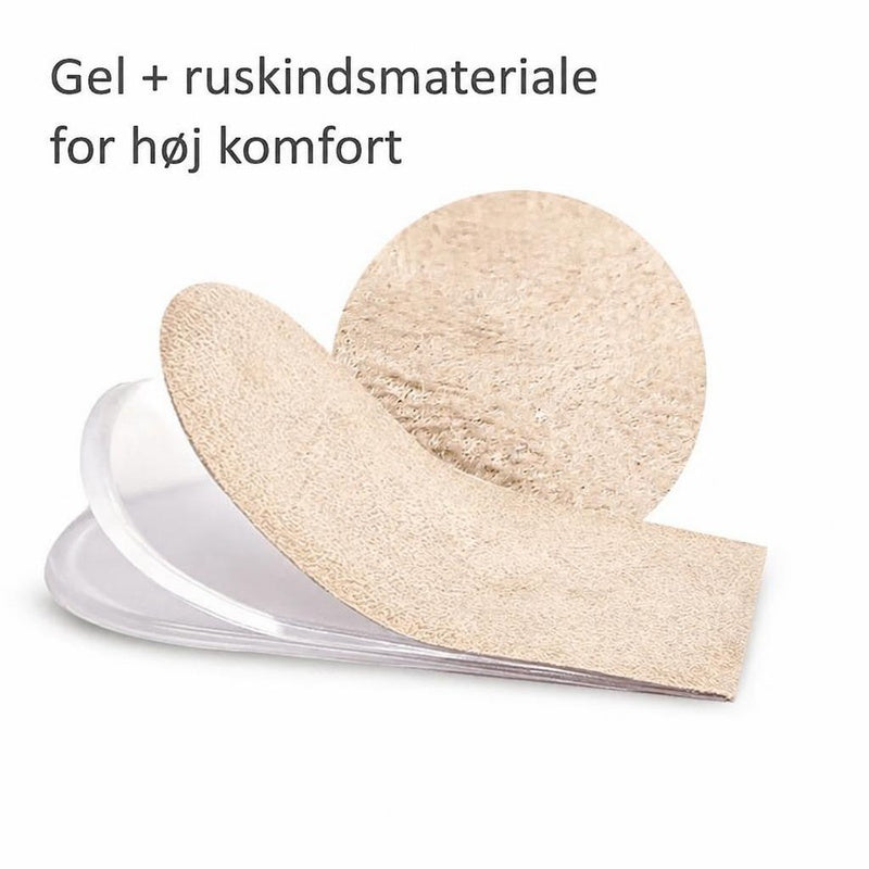 Hælindlæg i klar gel med beige ruskindsoverflade og fire lag