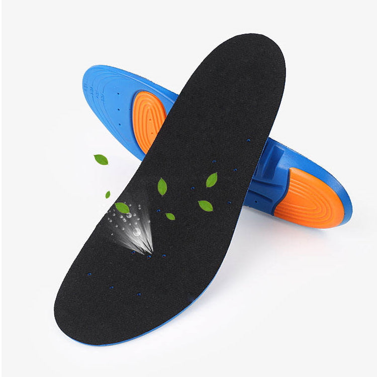 Sorte skoinlæg med blå underside, orange stødpuder og ventilationshuller
