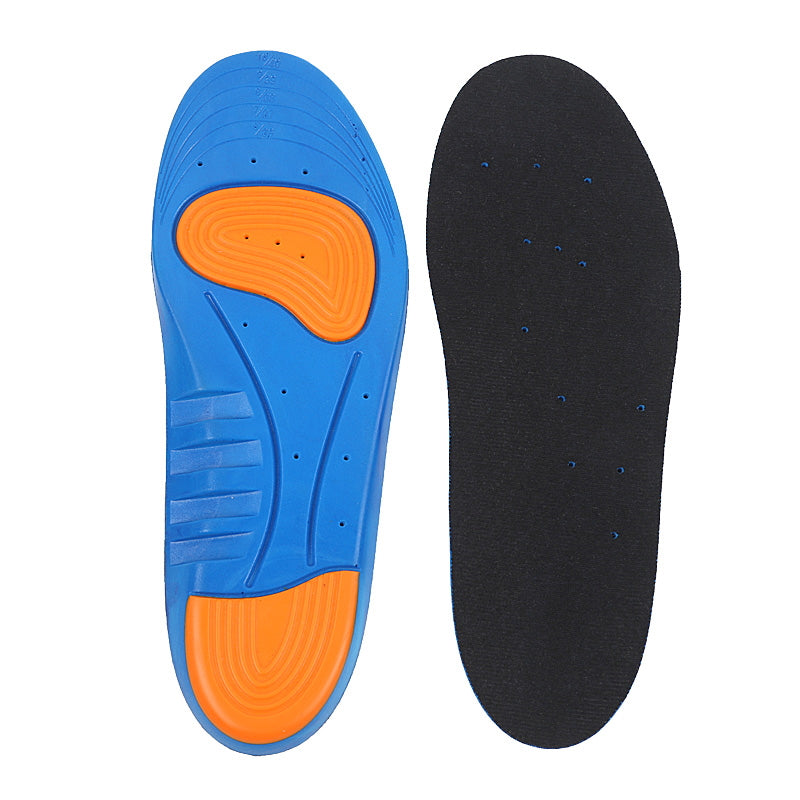 Blå og orange skosål med sort overside ved siden af